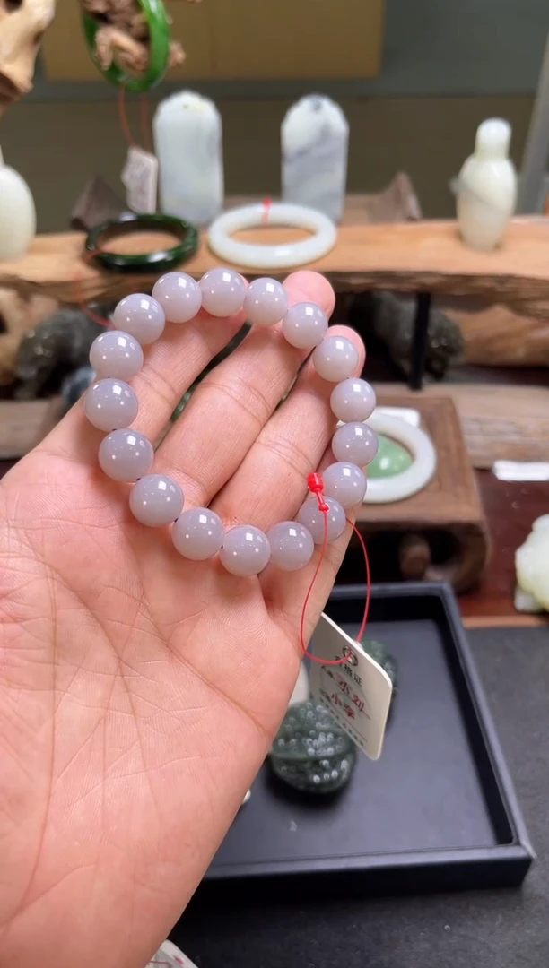 手串未镶嵌和田玉卡12青海烟紫带粉圆珠9010252