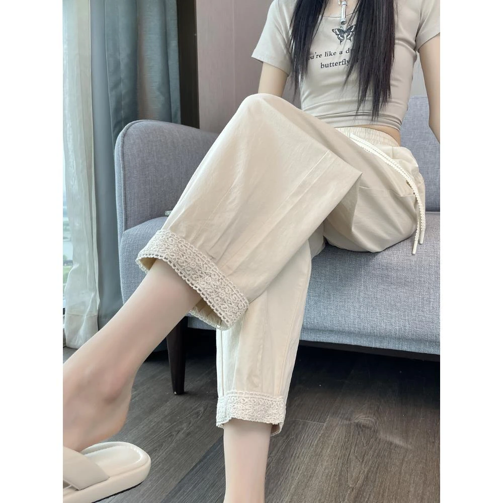 白色冰丝哈伦裤女夏季薄款宽松遮胯显瘦直筒速干老爹裤子高腰2025