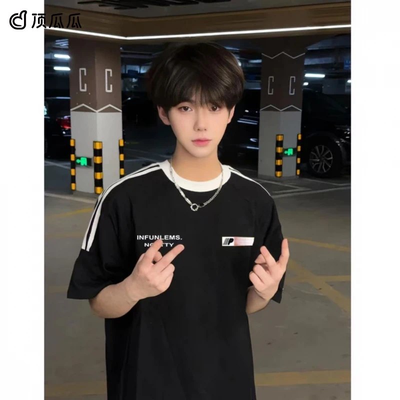 顶瓜瓜大码300斤街头时尚潮流三杠短袖男女夏季宽松百搭重磅T恤衫