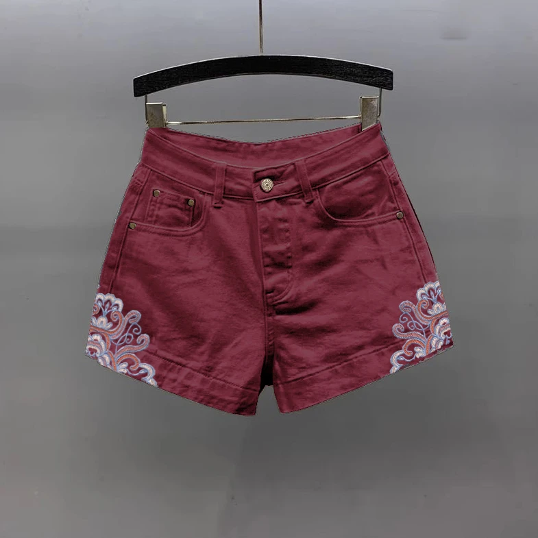 高腰百搭显瘦a字阔腿热裤2025年夏季新款重工刺绣拉红牛仔短裤女