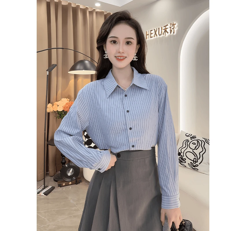 慕兔韩系蓝色条纹长袖衬衫女2024新款秋季气质高级感宽松显瘦上衣
