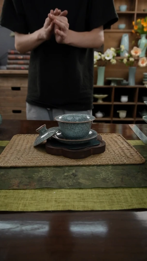 陶瓷一件包邮粉青三才盖碗