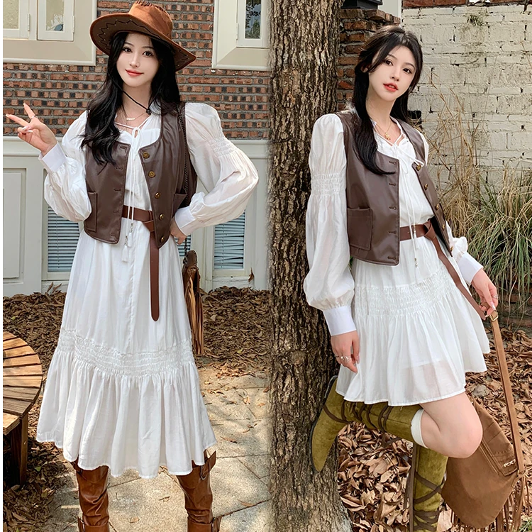 大码女装甜美连衣裙胖MM高级感仙女裙皮马甲两件套套装