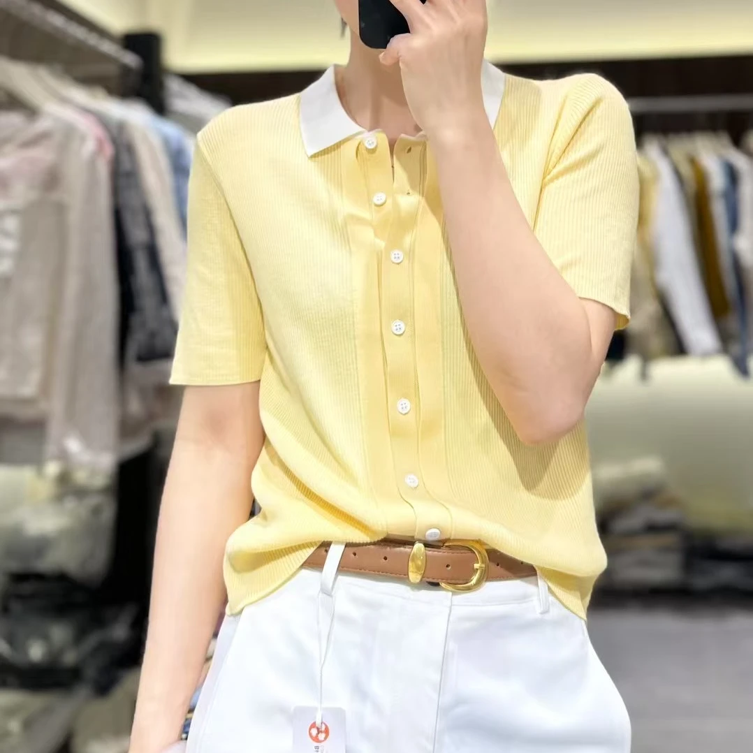 56726＃25年新款夏季时尚百搭显瘦翻领纯色短袖针织衫女简约潮流