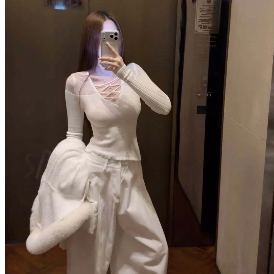 性感辣妹镂空修身长袖外穿上衣宽松长裤洋气休闲百搭气质显瘦套装