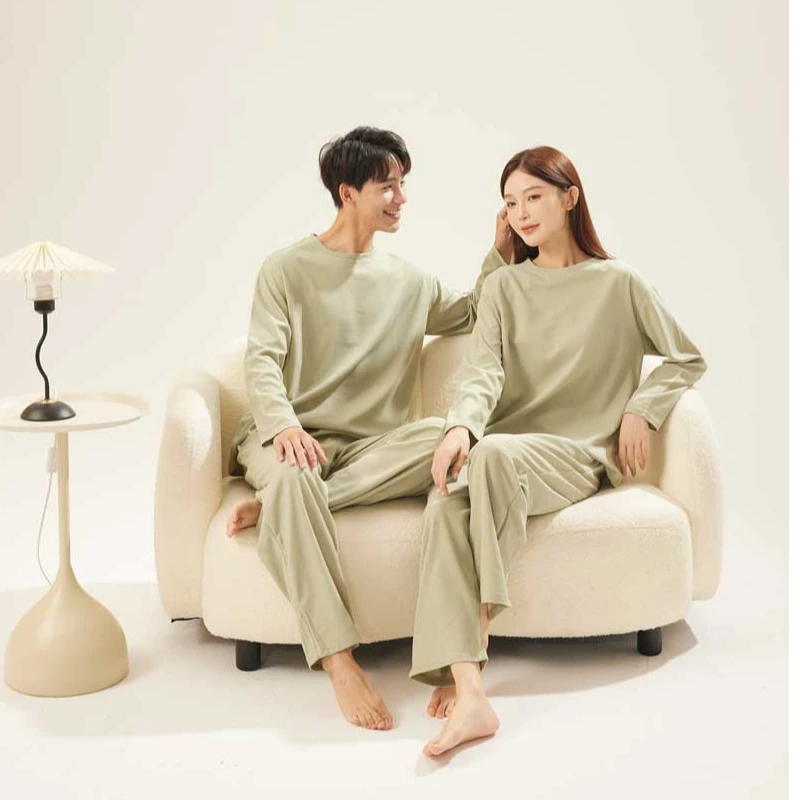 华夫格情侣睡衣2025秋冬男士家居服女士简约长袖长裤宽松居家服