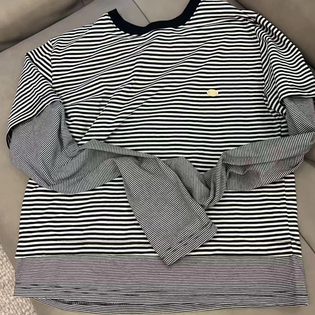 【NO退NO换】韩国东大门2025春款黑白条假两件小标条纹T