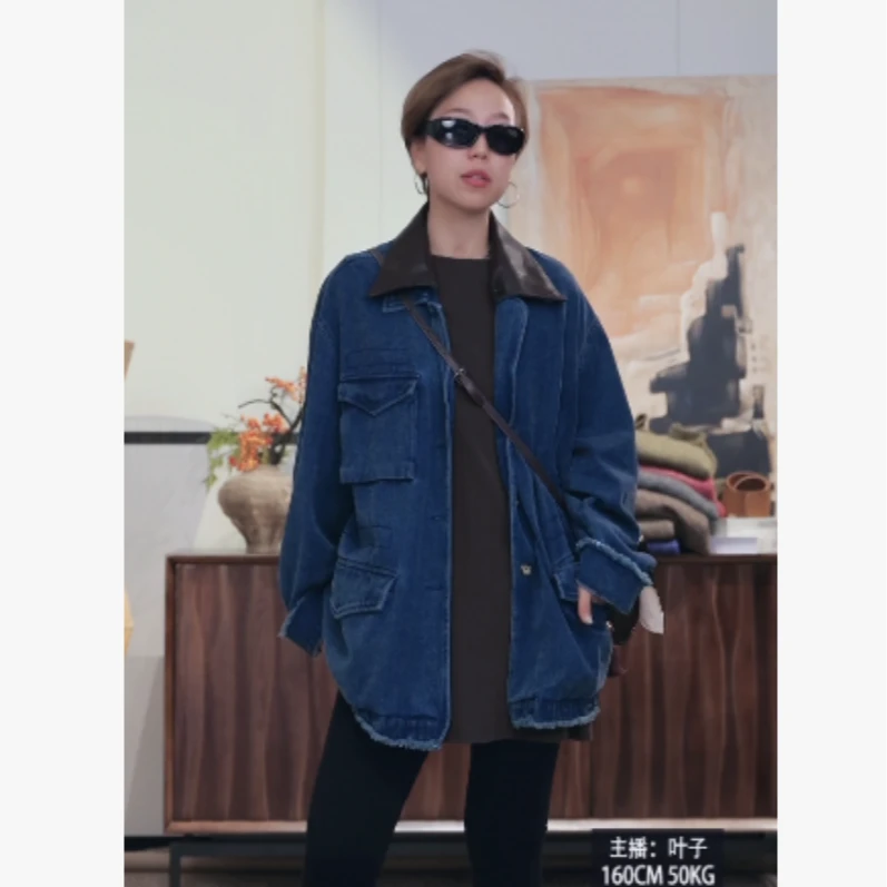 【蓝染丹宁】工装大口袋拼接皮领设计感长绒棉复古廓形外套25315052