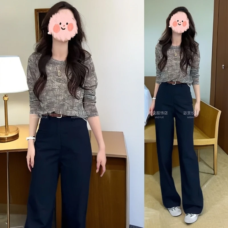 2025春季新款韩版时尚休闲百搭女装网纱上衣+西装裤两件套显瘦潮