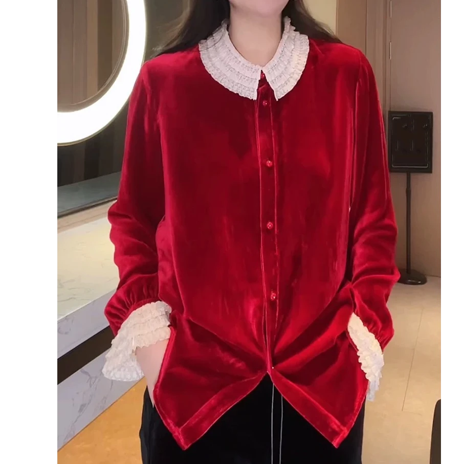 D31267南油爆款气质法式丝绒衬衣