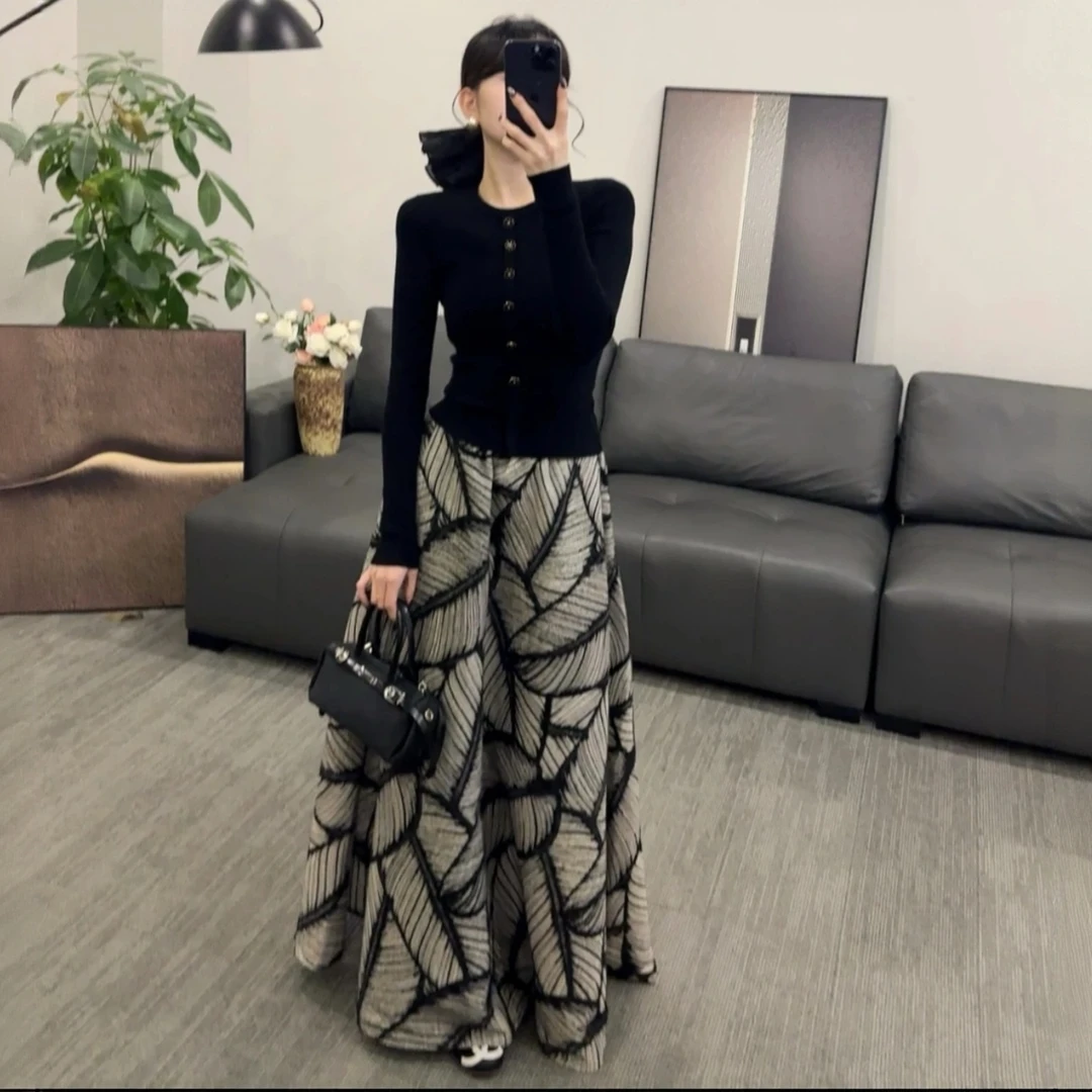 2025新款时尚秋冬通勤时尚百搭圆领长袖小衫高腰中长款A字裙套装