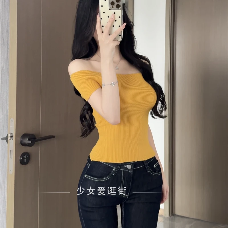 姜黄色显白气质一字肩短袖T恤女性感露肩针织衫独特漂亮掐腰上衣
