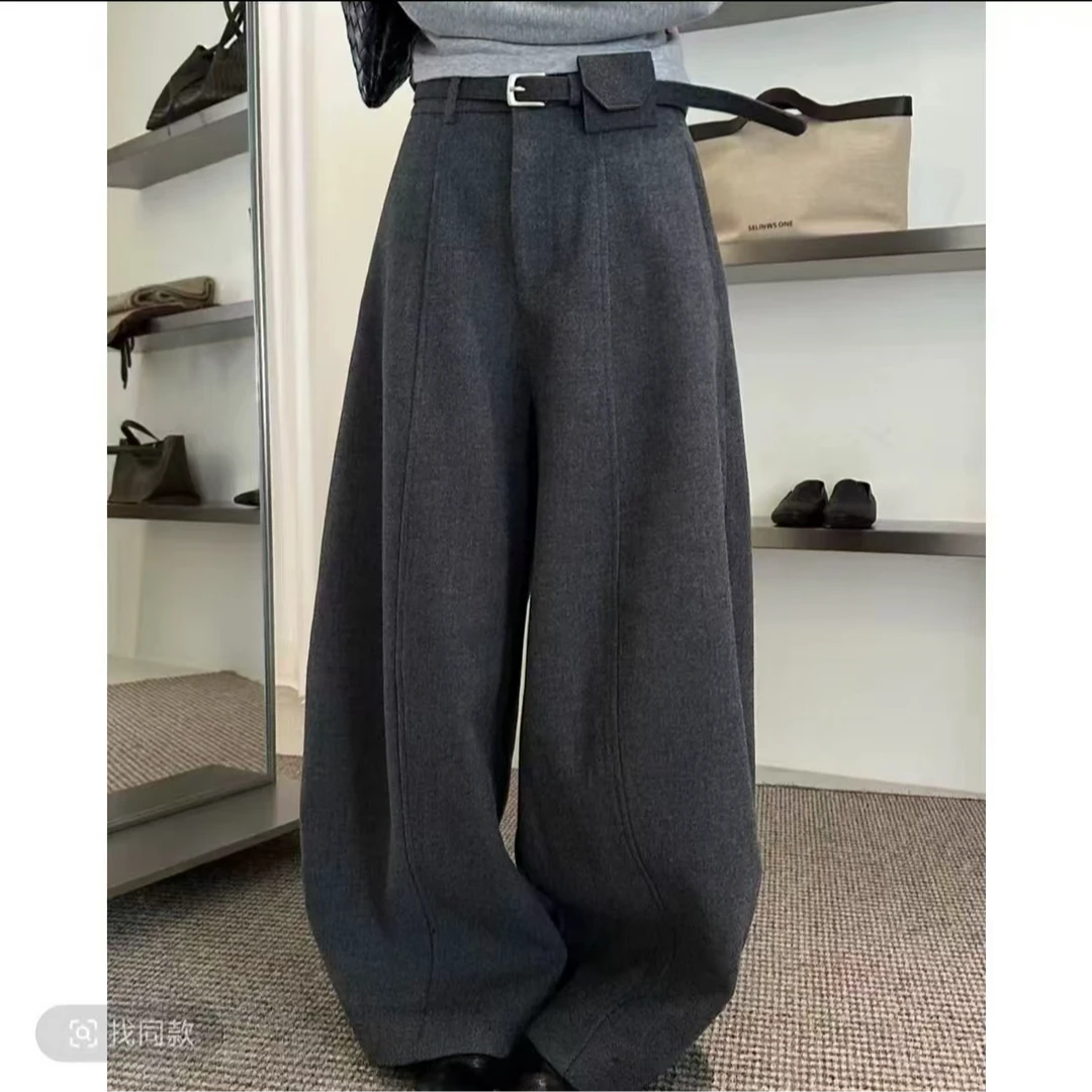 (带腰带)加绒加厚毛呢西装裤女2025冬高腰显瘦阔腿直筒裤弯刀裤