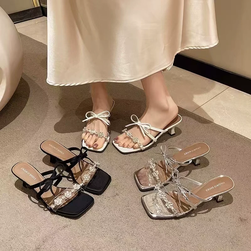 夏季新款粗跟鞋外穿蝴蝶结仙女风法式粗跟拖鞋368