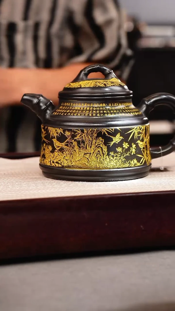 茶壶紫砂石黄 竹鼎 燕子图 描金