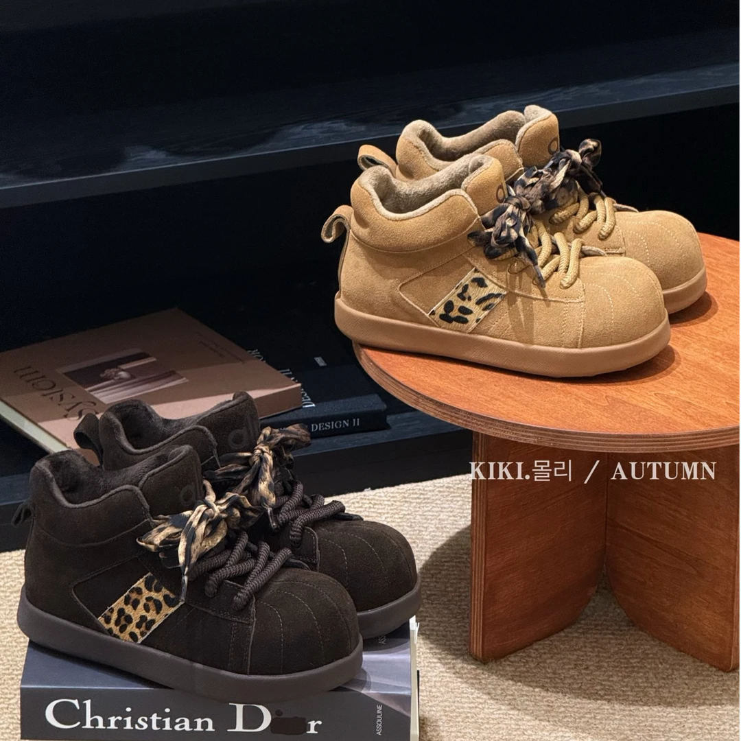 mollykiki复古百搭厚底ins高帮板鞋2025新豹纹加绒休闲显高德训鞋