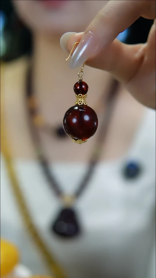 银S925镶嵌琥珀戒指缅甸天然琥珀葫芦款血珀耳钩（19/8）