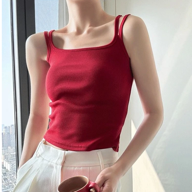 红色修身短款吊带背心女夏内搭外穿带胸垫文胸一体少女遮副乳上衣