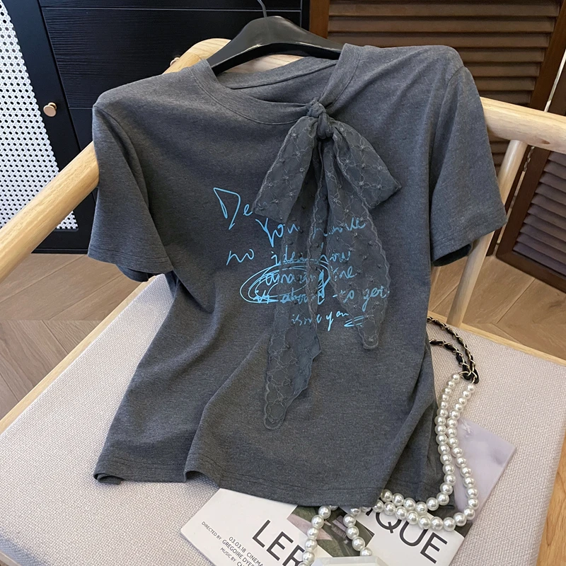 大码设计感字母打底衫上衣法式灰色显瘦蝴蝶结短袖T恤女2025夏季