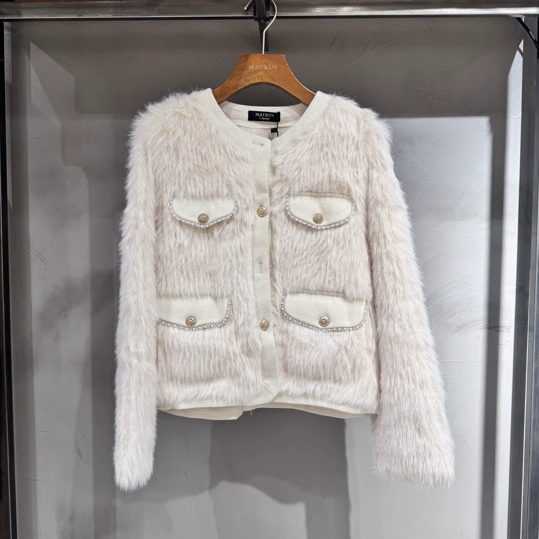 常规款女装毛绒短外套圆领女3D粗花呢单排扣保暖百搭