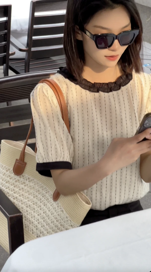 条纹点点【橘子】2025夏装法式圆领设计短袖衬衫M2580