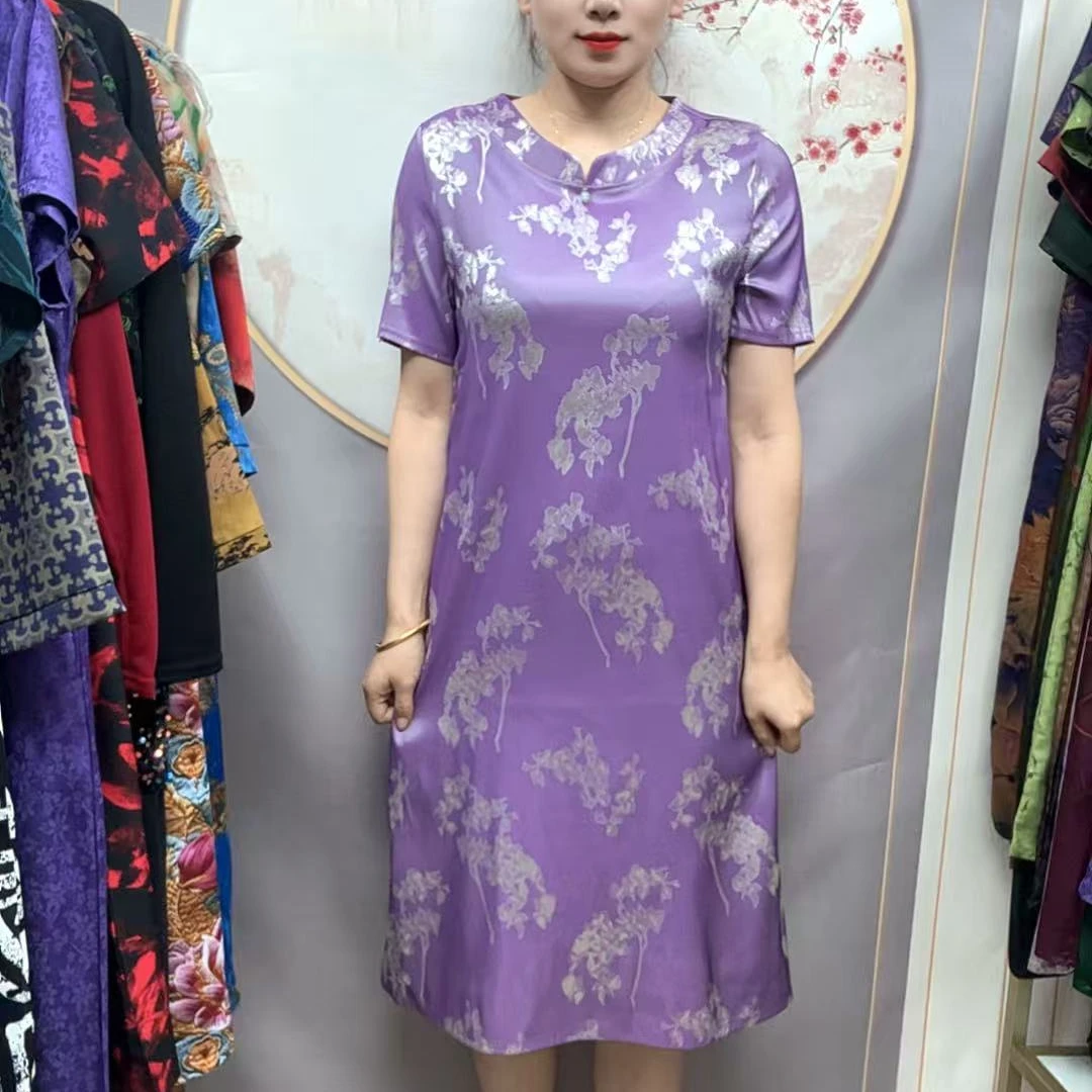 【紫韵圆领】2025夏季妈妈装气质短袖连衣裙洋气中老年女装宽松长裙