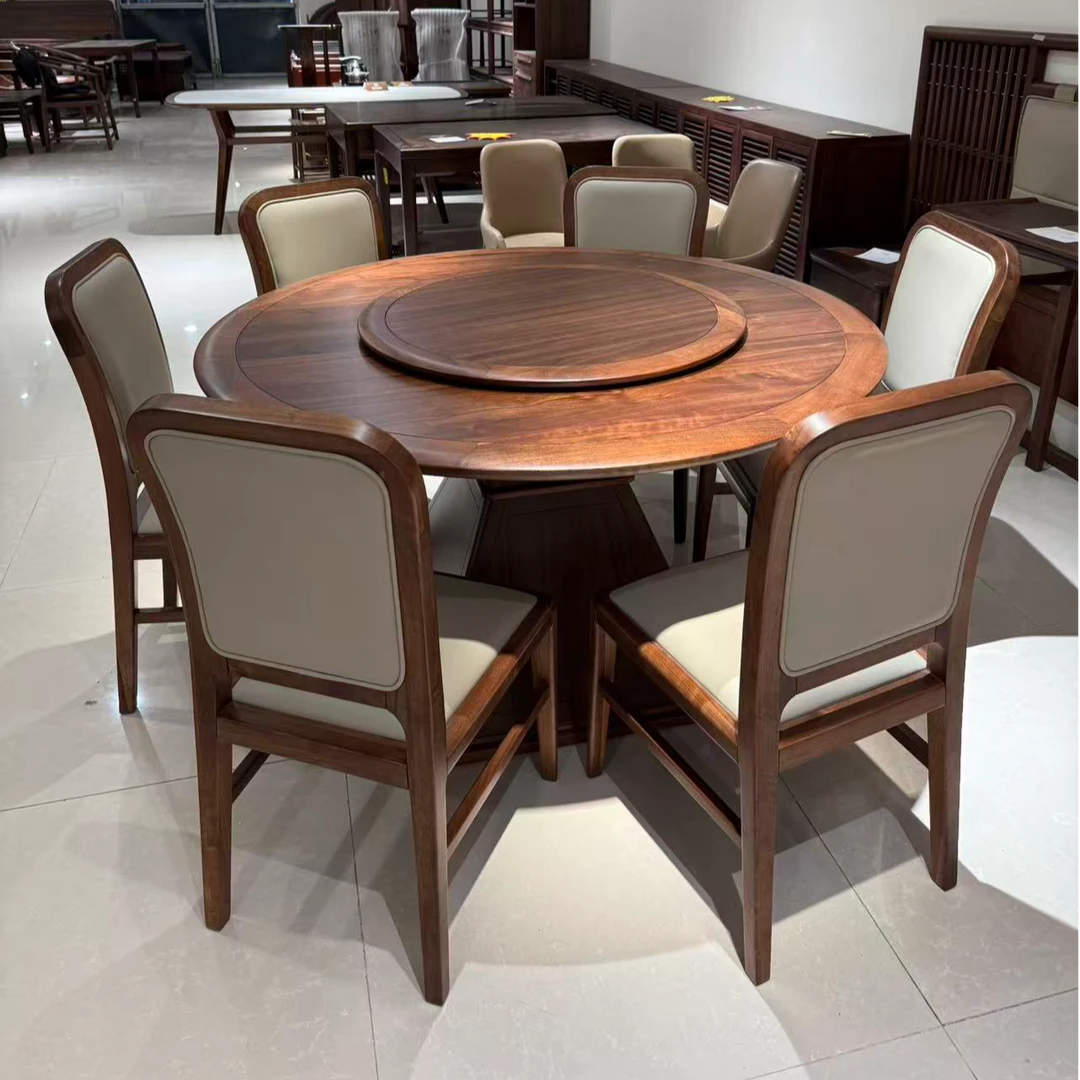 宋式美学风北美黑胡桃转盘餐桌稳架承托防摇晃家庭聚餐实用转盘桌