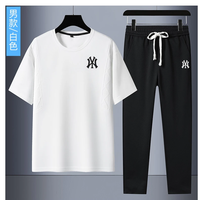 欧洲站轻奢休闲运动套装男夏季青少年冰爽短袖T恤轻薄长裤两件套