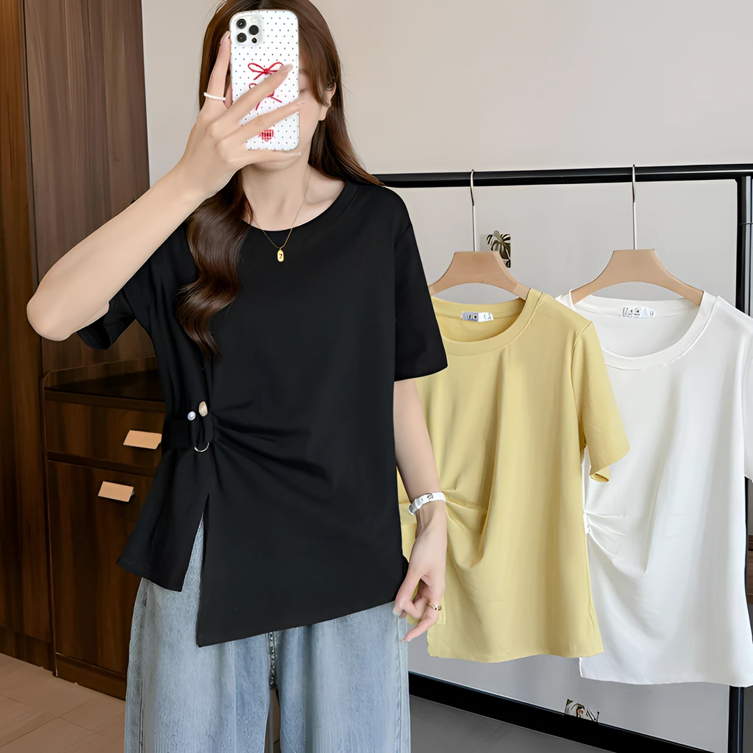 不规则开叉短袖T恤女夏季显瘦遮肚设计感中长款上衣