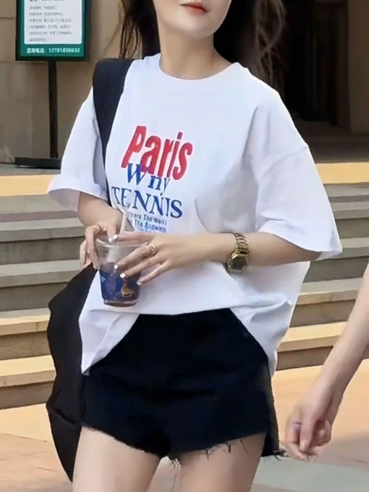 2025超火减龄英文字母白色印花短袖t恤巨好看的夏天女装气质上衣