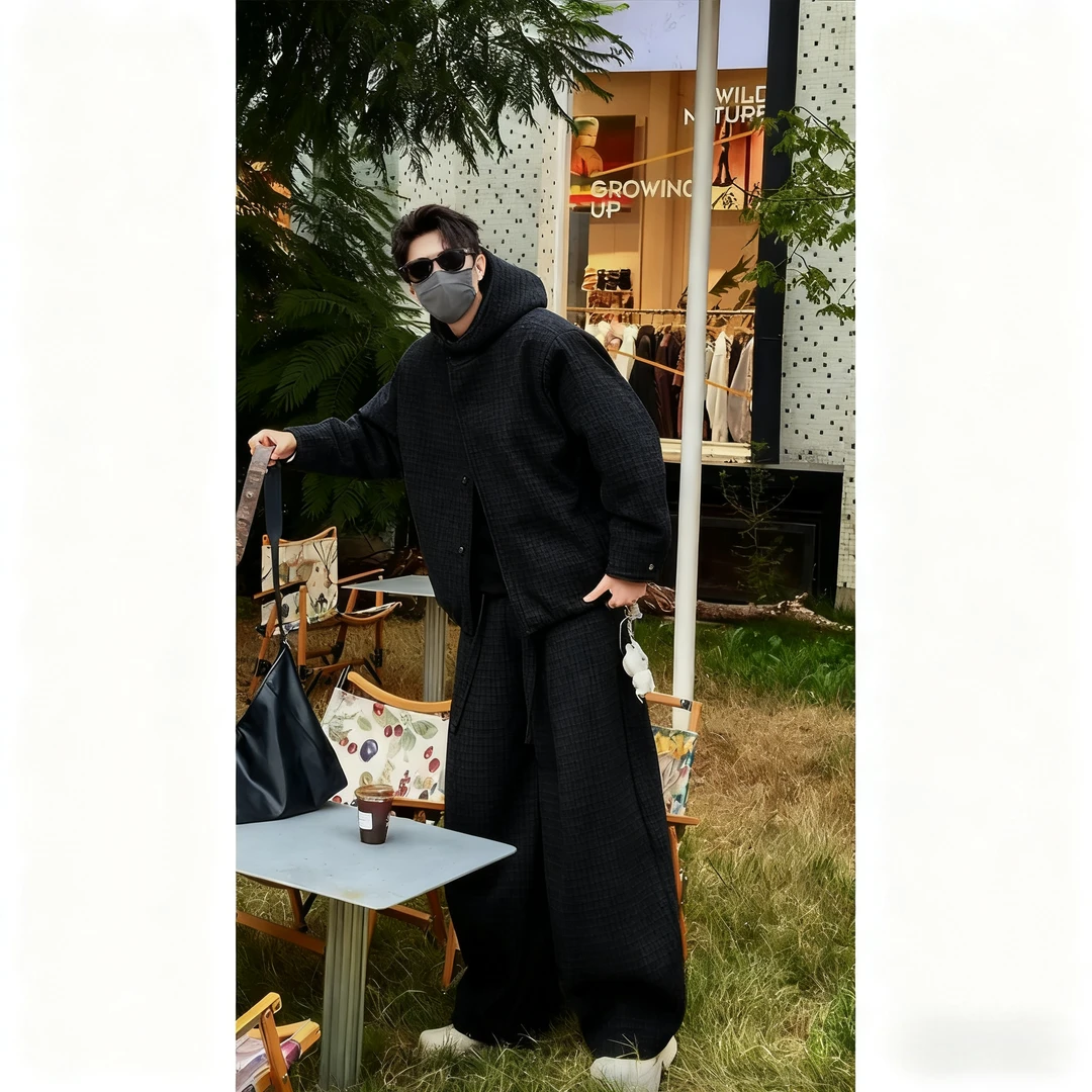 秋冬新品小众高级感格子休闲运动夹克套装男复古宽松百搭外套长裤