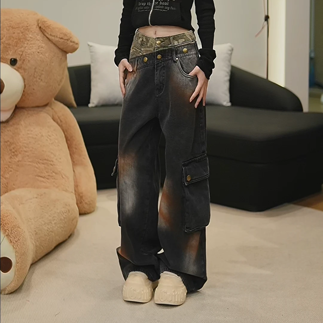 加绒抓毛2025冬季新款潮酷原创设计黑色工装牛仔裤女直筒阔腿裤子