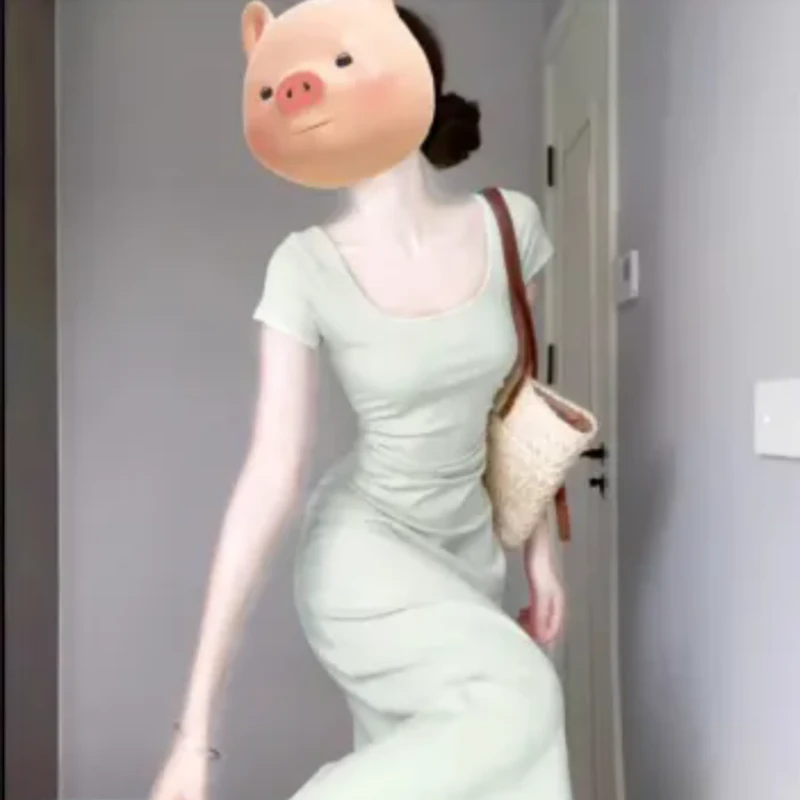 战袍法式收腰绿色显瘦子女修身新款开叉白色气质露腰a字长裙