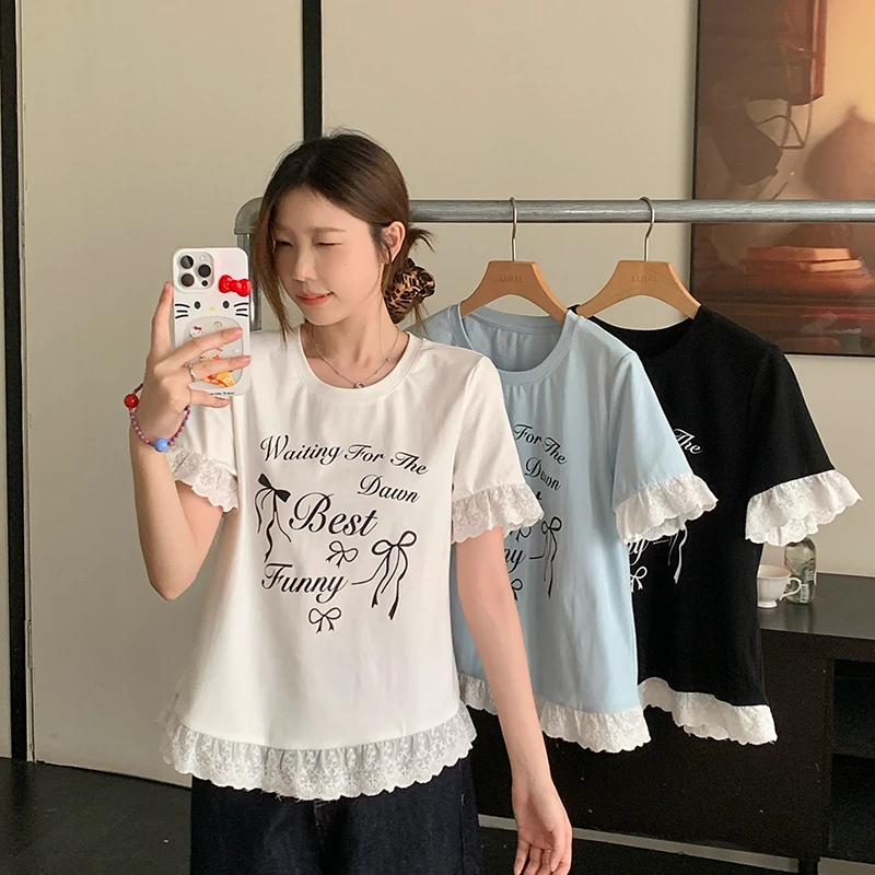 2025夏装新款胖mm大码女韩版减龄印花字母蕾丝花边短袖T恤A1182