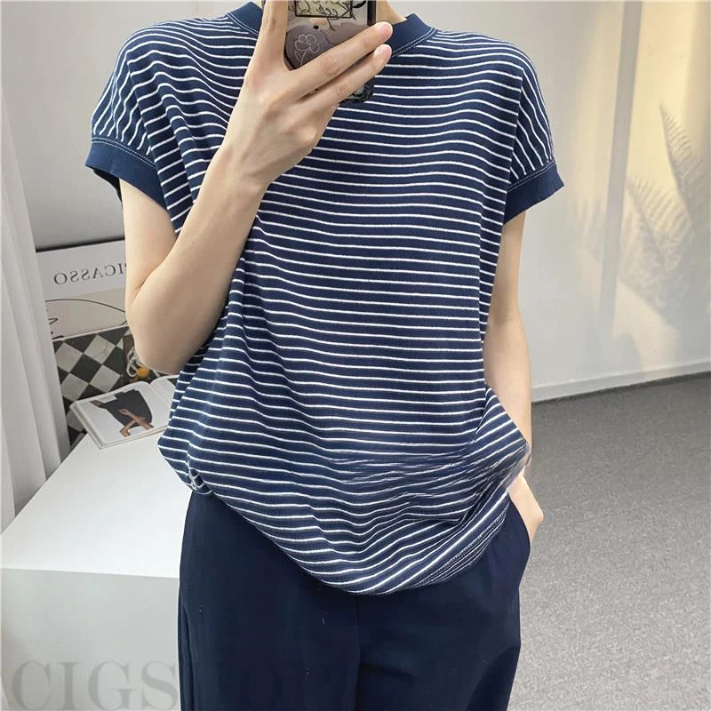 时髦慵懒圆领条纹清爽蓝色T恤女夏季新款宽松显瘦百搭短袖上衣潮
