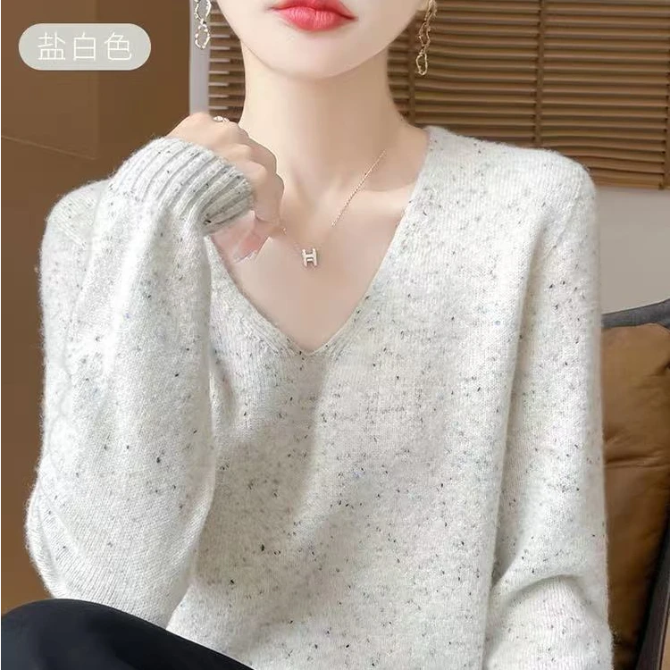 285一线成衣100%纯羊毛彩点V领七针加厚240克优雅百搭秋冬羊毛衫