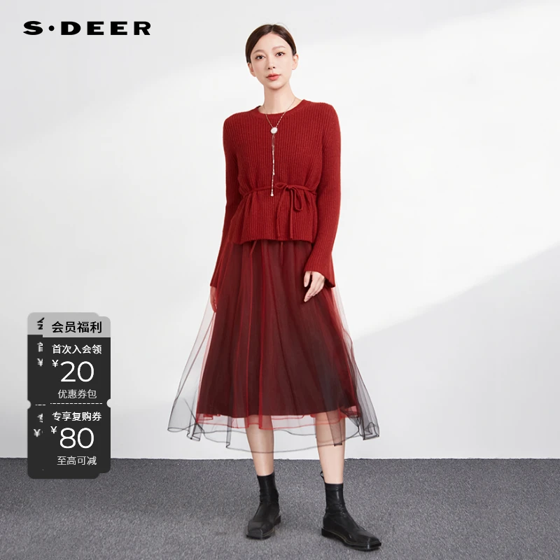 S·DEER圣迪奥轻奢高端气质设计感红色时尚优雅连衣裙S234Z1424