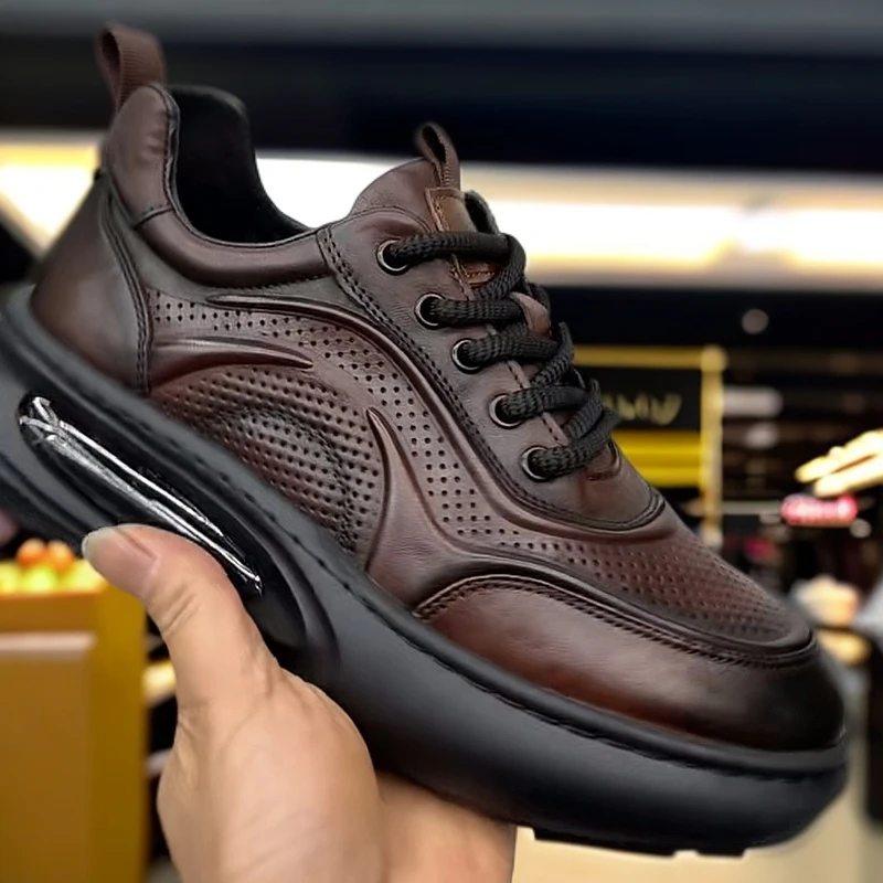 真皮厚底男鞋透气运动休闲鞋低帮冲孔潮流百搭时尚舒适潮鞋