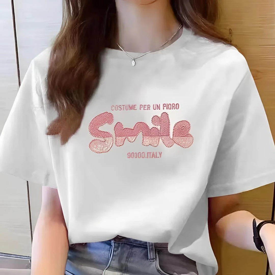 2025夏季短袖休闲上衣男女同款圆领印花T恤SMILE