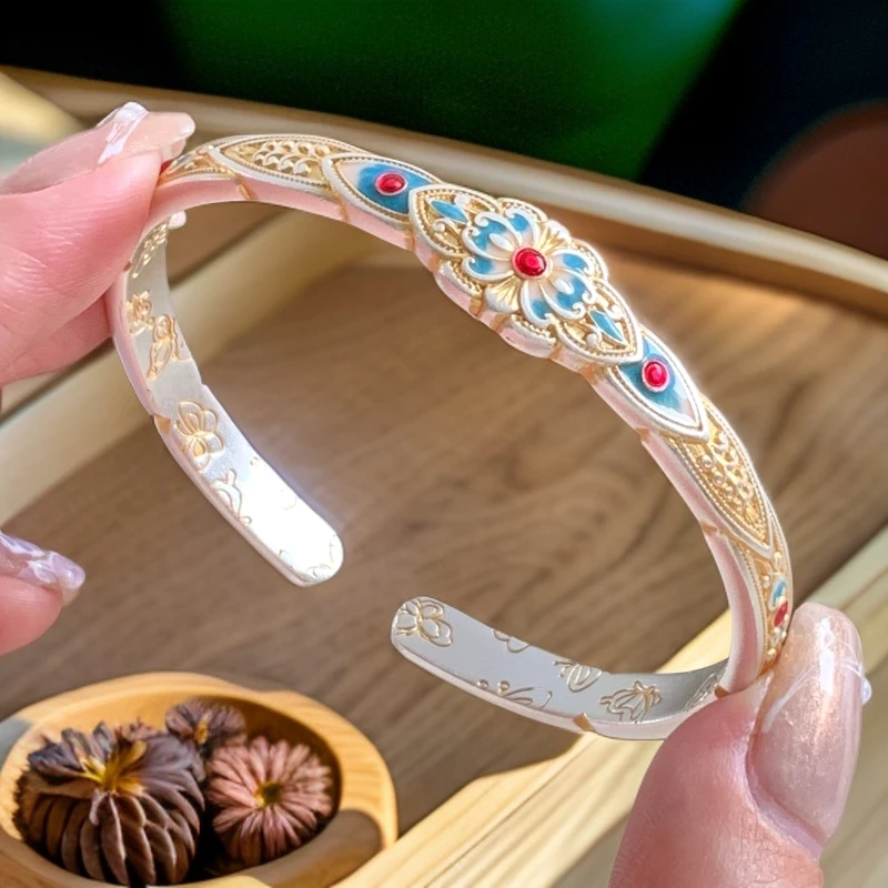 足银手镯 国风新中式珐琅彩银9999轻奢重工手镯女色好几个礼
