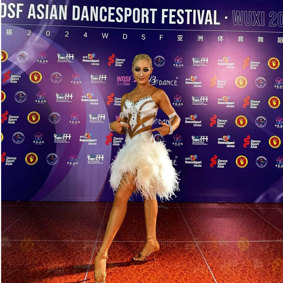 GH舞服专业拉丁赛服驼毛定制白色多多款女士体育连体服装底裤弹力