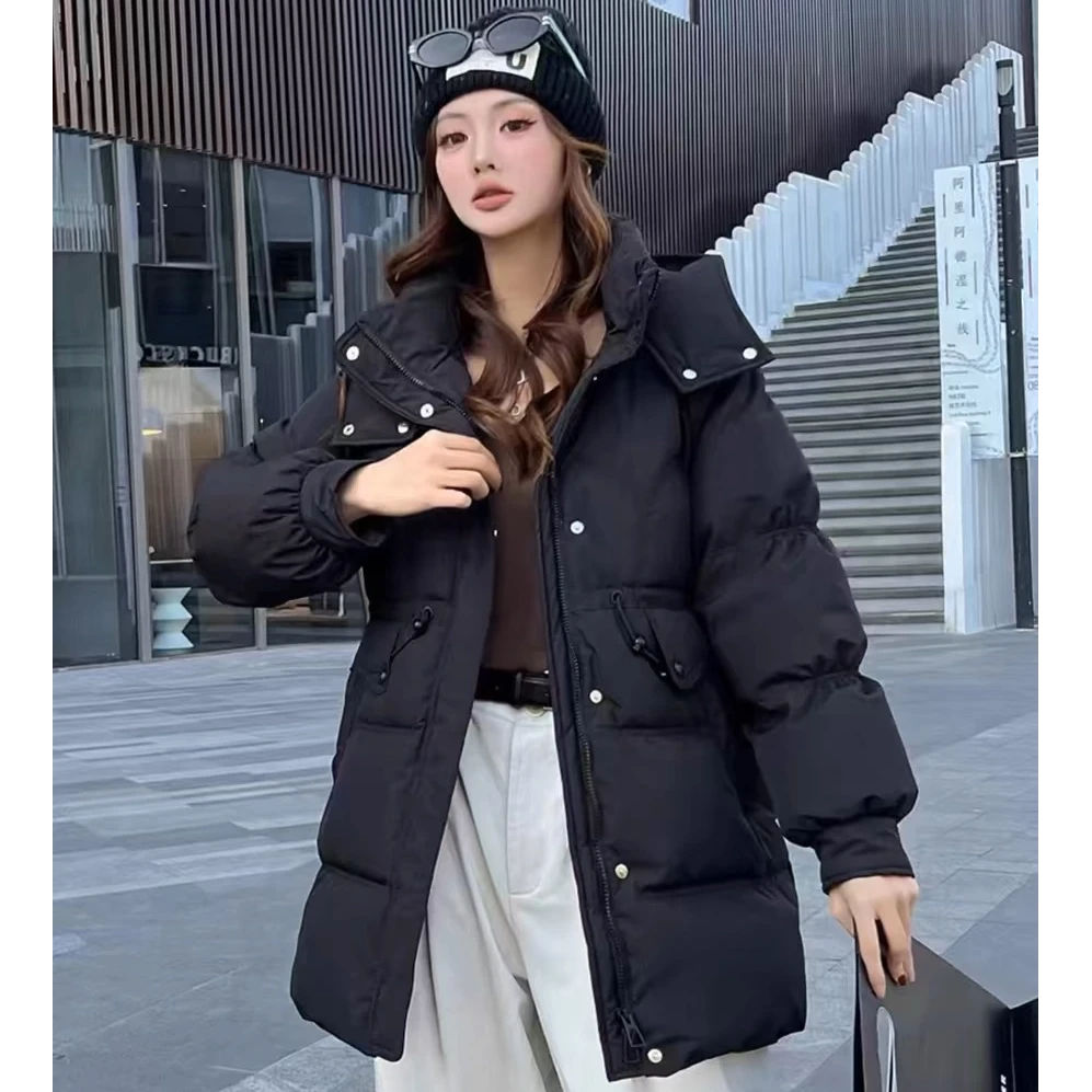 新款冬季加厚防风收腰时尚休闲女士中长款羽绒服连帽保暖外套