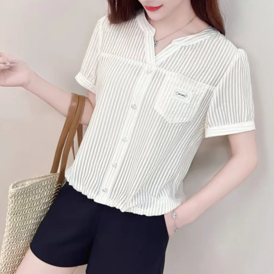 2025夏季新款时尚百搭短袖条纹衬衫气质显瘦遮肚子女上衣2816长54