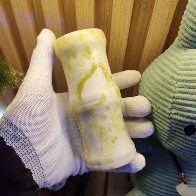 天然玉石雕刻玉竹节笔筒摆件