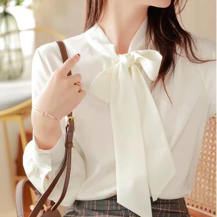 好-CS1208春秋显瘦气质蝴蝶结飘带衬衣长袖法式红色系带设计好