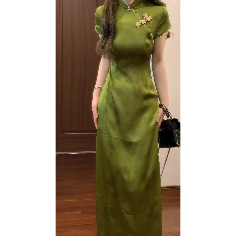 新中式国风气质高级感绿色改良旗袍连衣裙修身复古长裙9332