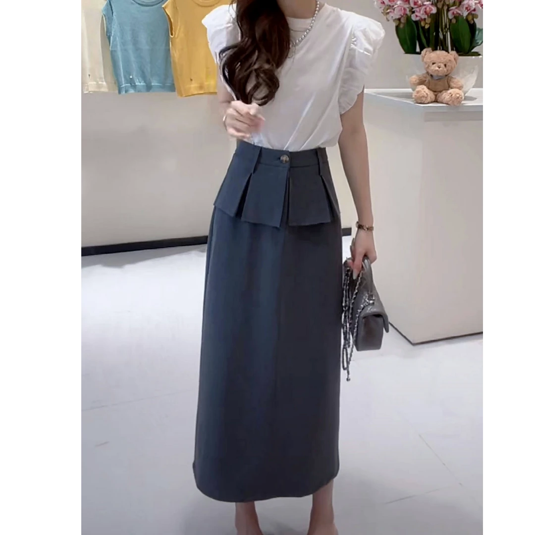 韩系显瘦开叉假两件半身裙女2025夏季新款气质通勤百搭纯色裙子