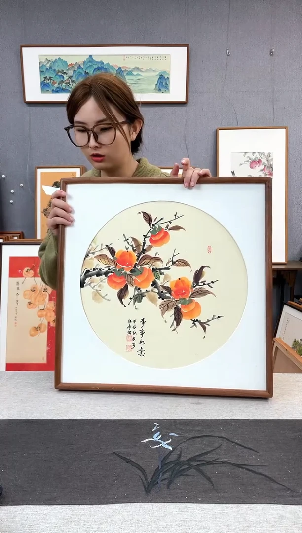 【闪购商品】国画贺照亭-纯手绘带框作品-52*52-柿子