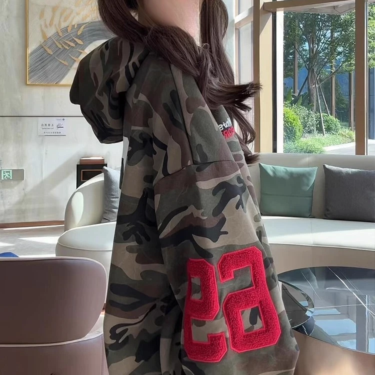 美式复古迷彩开衫连帽卫衣女秋季oversize潮牌宽松休闲情侣装外套