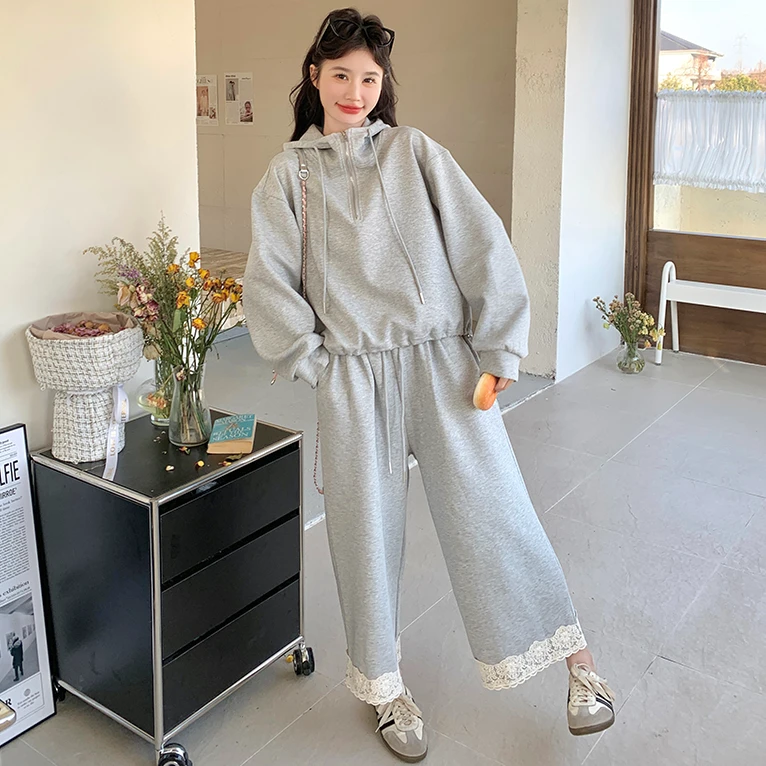 学院风灰色休闲连帽卫衣套装女2025春秋新款蕾丝花边阔腿裤两件套